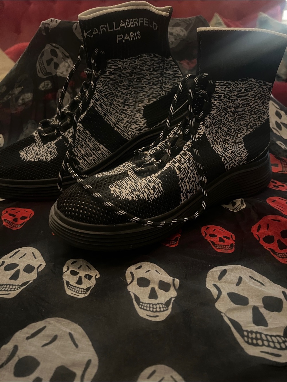 Karl Lagerfeld Black and White Knit High-Top Athletic Shoes